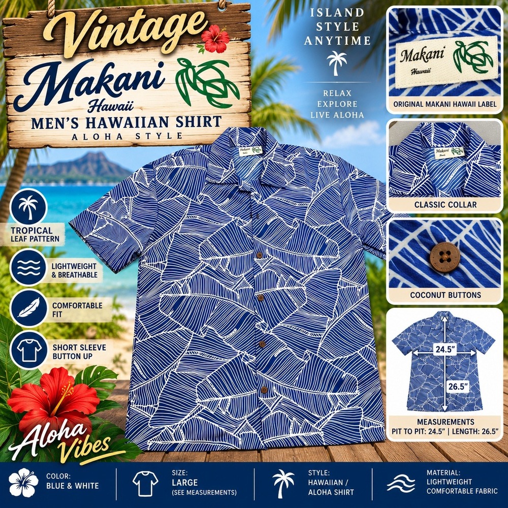 Makani Hawaii Mens Aloha Shirt Blue White Tropical Leaf Print Coconut Button L